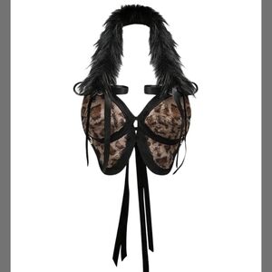 Leopard Print Faux Fur Halter Camisole with Black Feather Trim